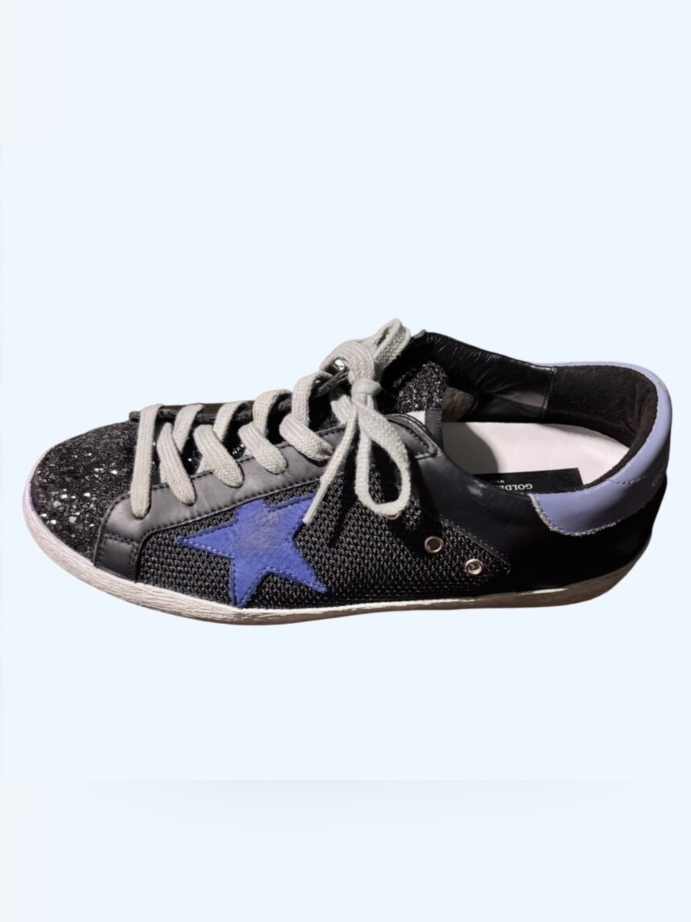 GOLDEN GOOSE- Superstar Black glitter with Blue Star Accent sz 8 (39) - Picture 2 of 10